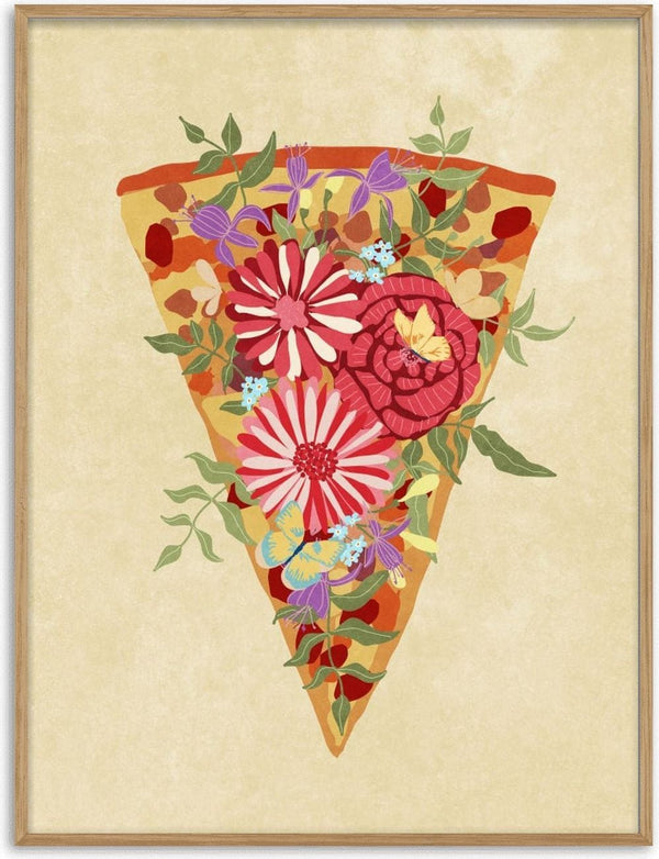 A slice of pizza topped with colorful, detailed flowers and leaves, titled Slice of flower pizza by Raissa Oltmanns.