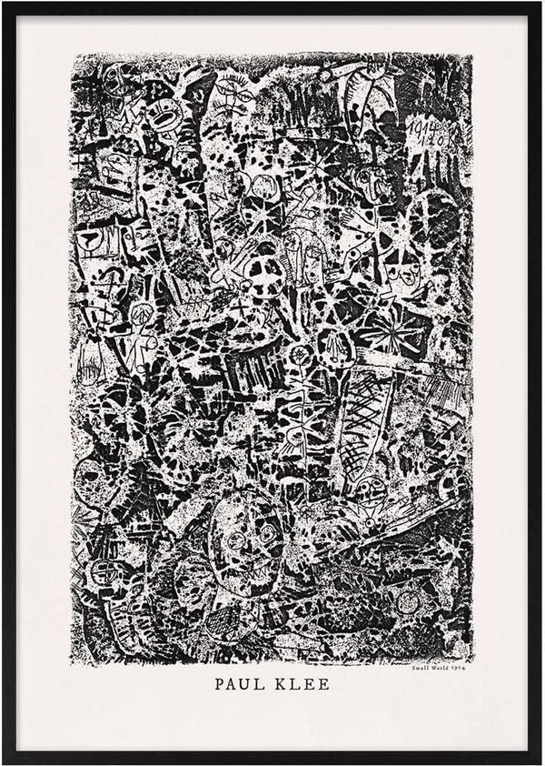 Abstract black and white artwork by Paul Klee, featuring intricate patterns and shapes, titled "Small World 1914".