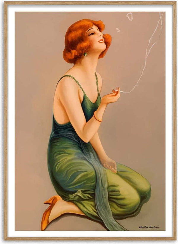 Art print of a red-haired woman in a green dress, kneeling and smoking, by Martina Karlsson.