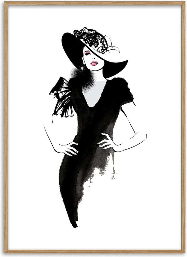 Elegant illustration of a woman in a black dress and wide-brimmed hat, featured on a stylish poster.