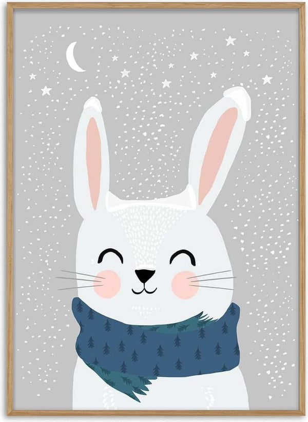 Illustration of a smiling white bunny wearing a blue scarf with trees, under a snowy night sky.