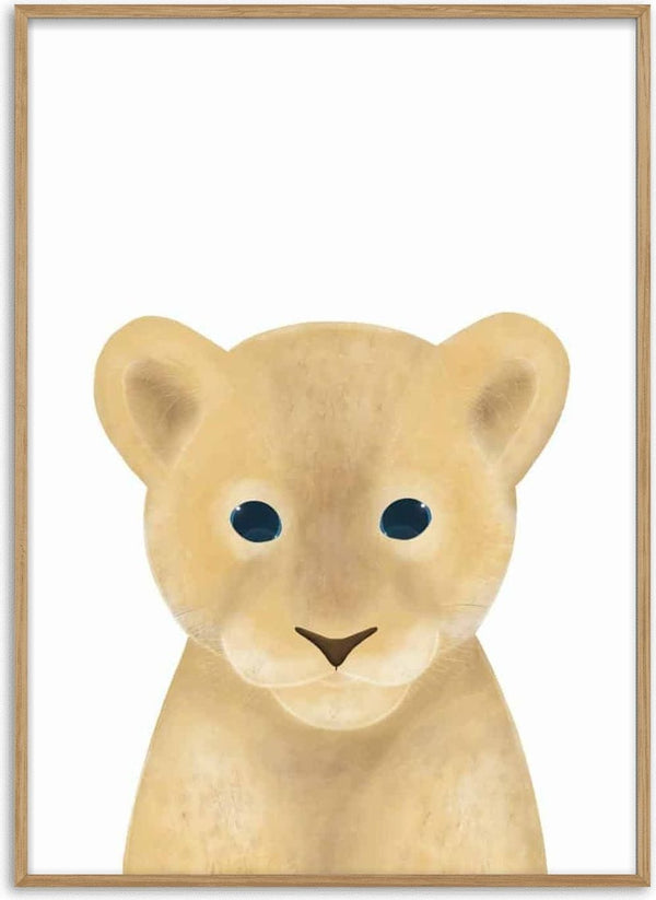 Cute illustrated lion cub with big eyes on a white background, perfect for children's room decor.