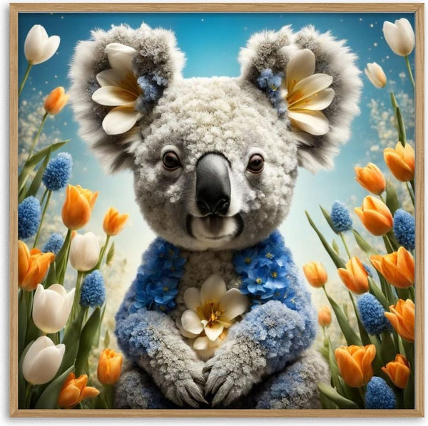 Soft Blossom Spirit by Devour Art - a koala made of white and blue petals sitting among orange tulips
