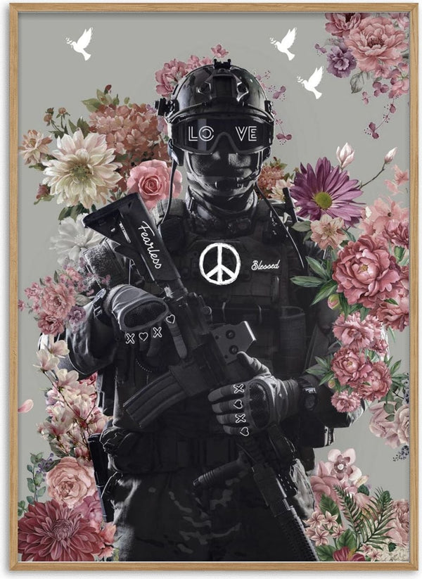 Poster of a soldier in tactical gear with peace symbols, surrounded by flowers and white doves.
