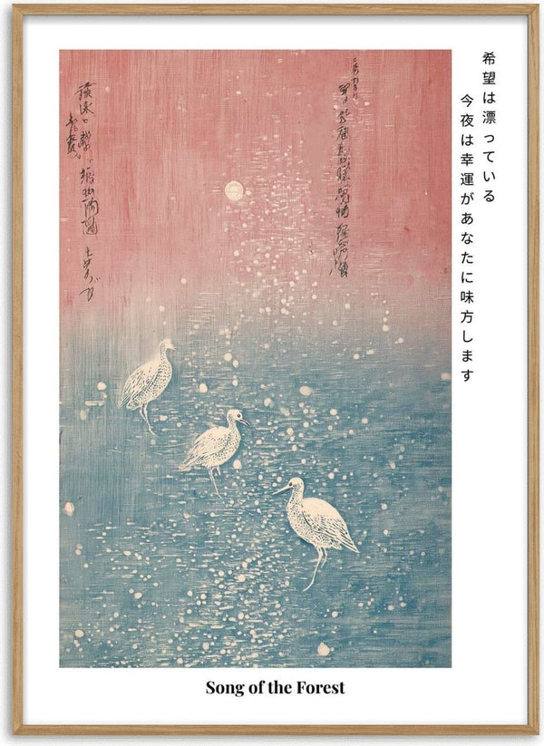 Japandi woodblock print of three birds wading in a sparkling forest pond under soft pink and blue tones.