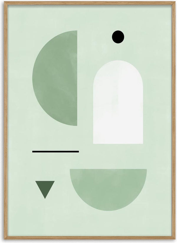 Abstract geometric shapes in soft green, white, and black tones showcase a soothing pastel color palette.