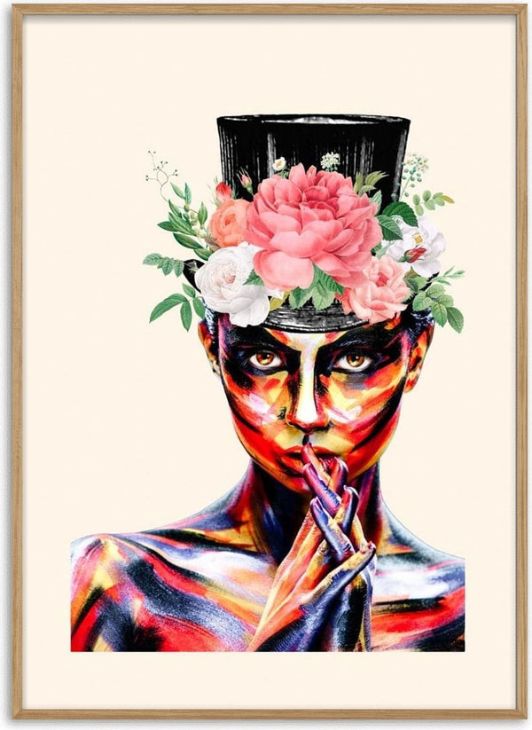 Colorful abstract portrait of a person wearing a floral hat, featured on the Sophisticated in color Plakat.