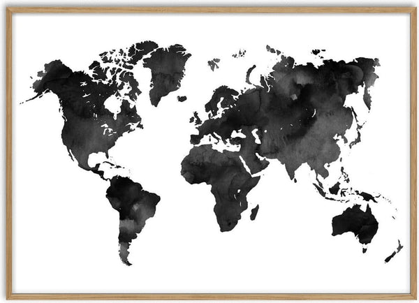 Black watercolor world map poster with continents displayed on a white background.