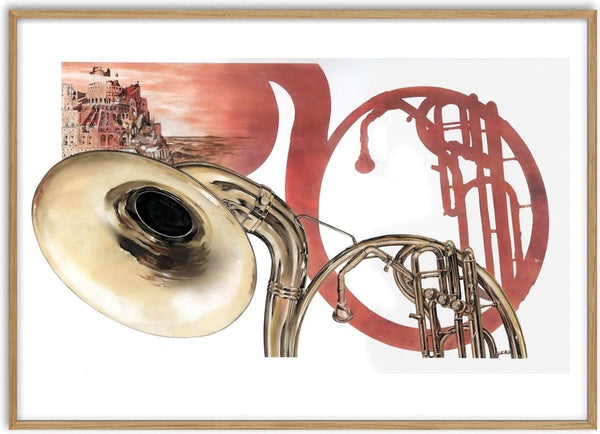 Sounds of Pieter Breughel by Designus - shining brass horn against a rose red coastal scene