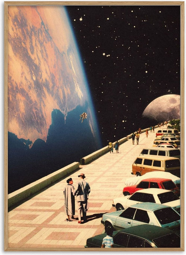 Space Promenade by Taudalpoi, a couple on a tiled seafront promenade with a planet and a drifting astronaut