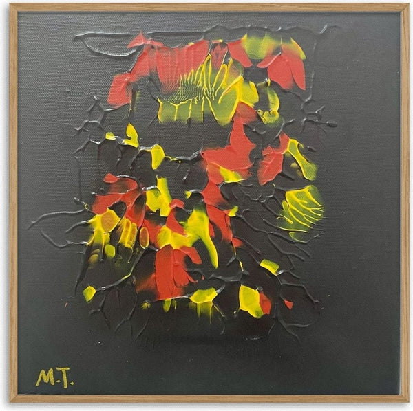 Splash by Maria-Tia - red and yellow abstract patches on a charcoal grey canvas