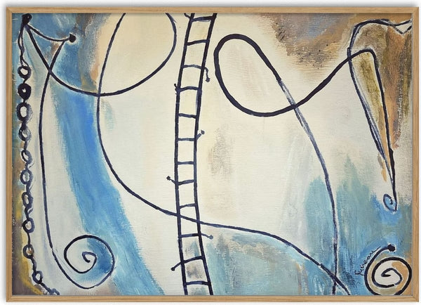 Stairway to Heaven by Art Guveau - abstract painting with a black ladder and looping lines on blue and cream