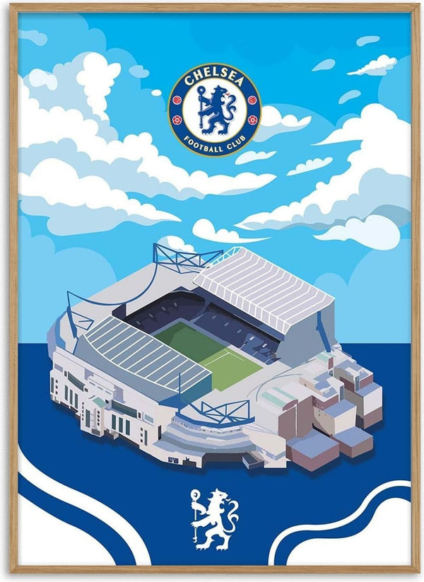 Illustrated poster of Stamford Bridge stadium with Chelsea FC logo and blue sky background.