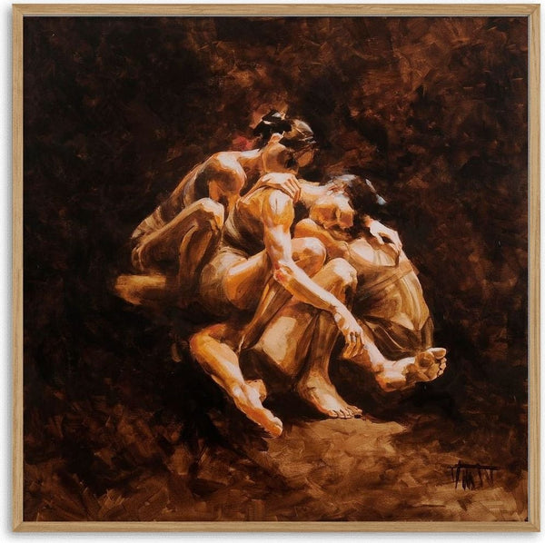 Stay by VanW - a knot of seated figures pressed together in cream and ochre against dark brown
