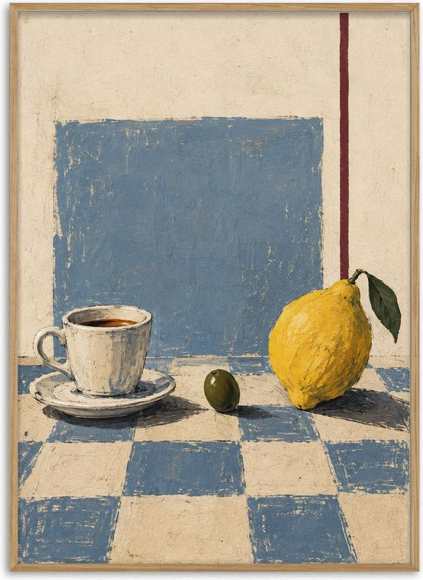 Still Life With Attitude by Matthews Gallerie — espresso cup, green olive and a large yellow lemon on a blue checkerboard table
