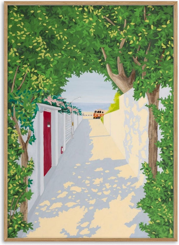 Story of light by Jaron Su - sunlit alley in Tainan with a red door