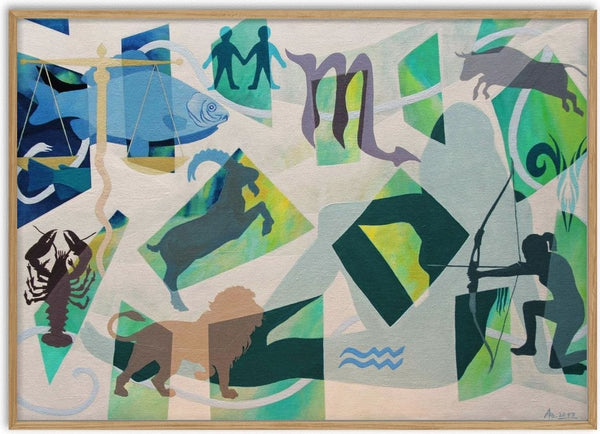 String Theory and the Archer by Andreas Pohle - zodiac signs on a sand ground with teal and green planes