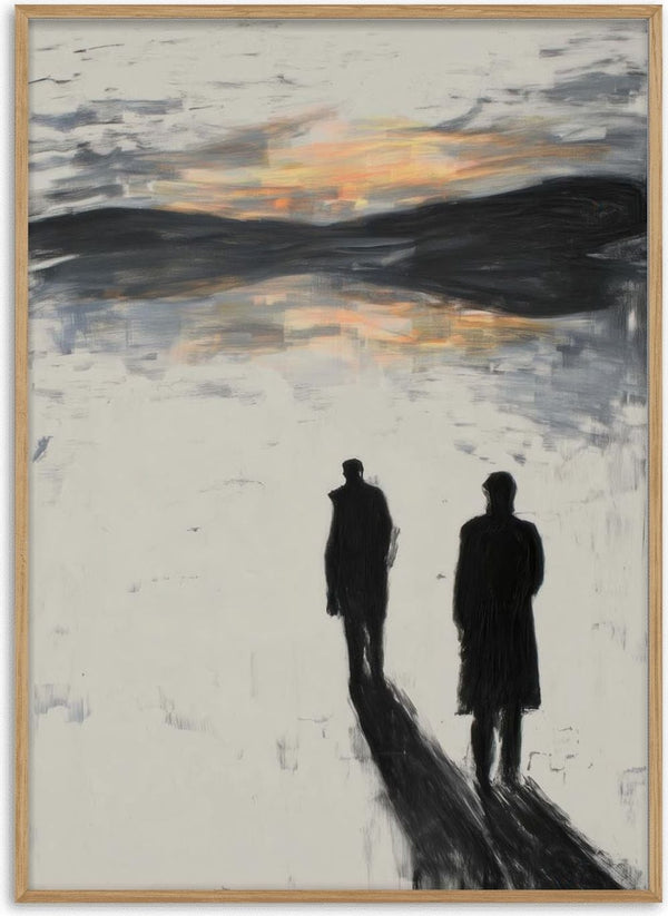 Two people in dark coats walk along a reflective surface at sunset, inspired by "Strolling" by Martin Zen.