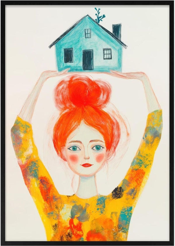 Illustration of a red-haired girl holding a blue house above her head, from Strong as Pippi by David Wolf.
