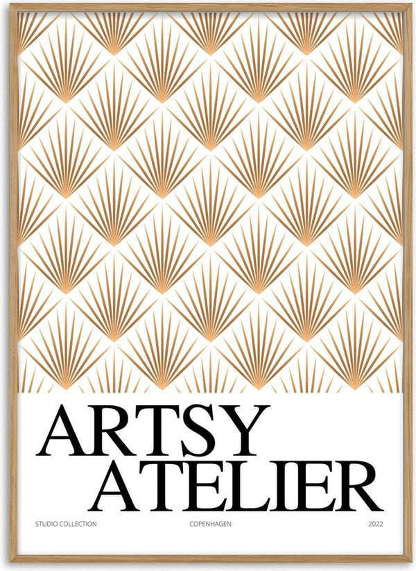 Geometric bamboo pattern in gold tones above bold "ARTSY ATELIER" text on Studio Collection Bamboo Plakat.