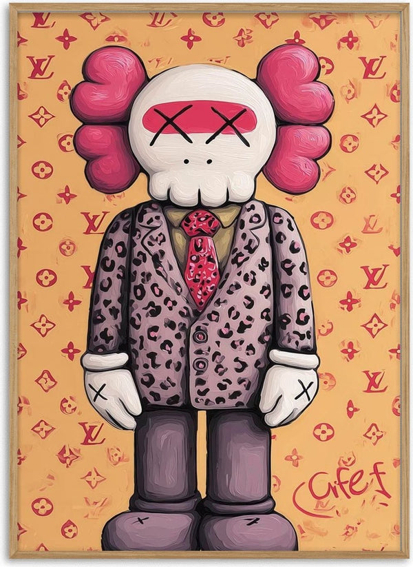 Cartoon figure in a leopard suit with pink tie, set against a designer monogram background.