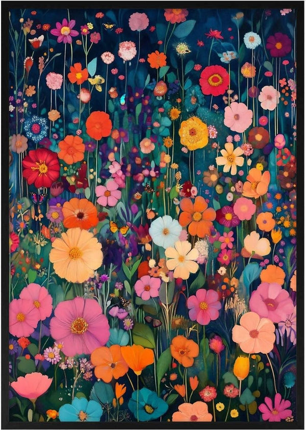 Colorful wildflowers in full bloom against a dark background, featured artwork for Summer Dreams by Annika Persson.