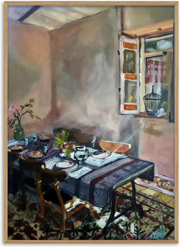 Sunday family gathering by Mariam De Giorgio — a long dining table laid with white plates and flowers in a rose-toned room