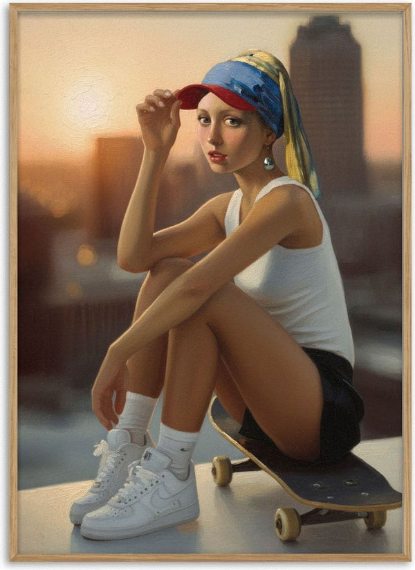 Sunset Pearl by Dikhotomy — Girl with a Pearl Earring with a skateboard on a rooftop at sunset