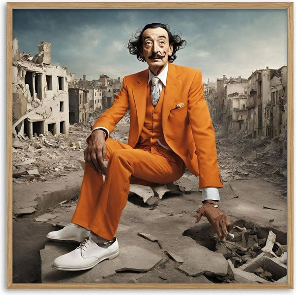 Surreal Collapse by Devour Art - Salvador Dalí in an orange suit seated on broken pavement in a ruined city