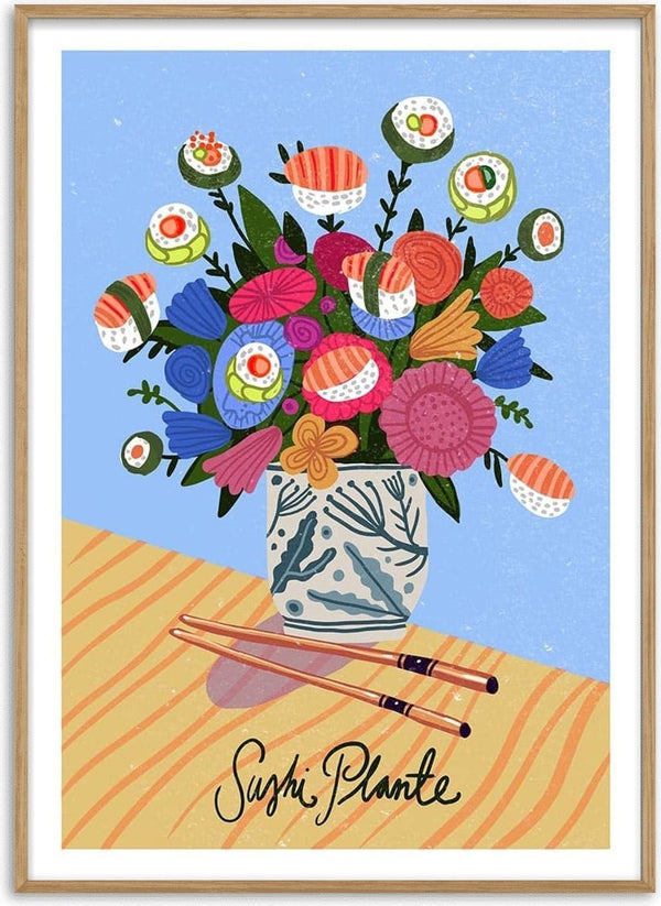 Art print of a floral bouquet with sushi rolls in a vase, displayed on Sushi Plante - Nina Broen product page.