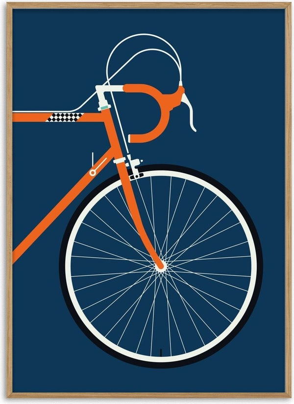 Swedish Racing Bike - Detail by Bo Lundberg - the front wheel and handlebars of an orange racing bicycle on navy