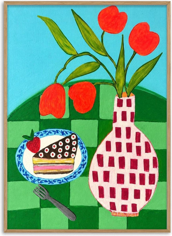 Sweet Afternoon by LGDyrby - red tulips in a patterned vase and a slice of cake on a green checked table