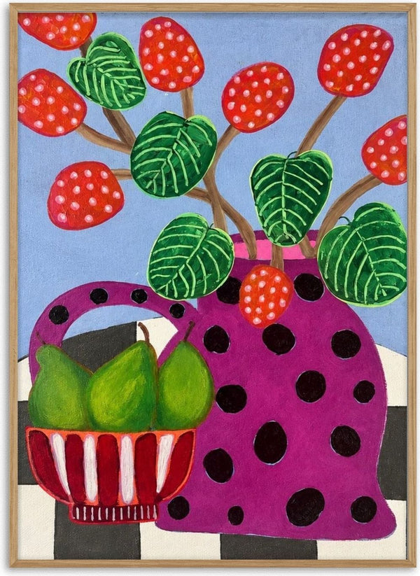 Sweet Pear by LGDyrby - a spotted magenta vase of red berries and a basket of green pears on a checked table