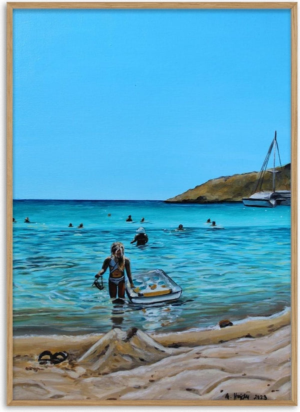 Swimming in the Lagoon by Nella Hajdu - woman wading out of a turquoise lagoon with a lilo