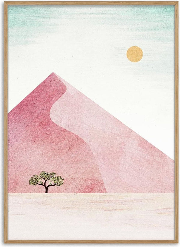 Minimalist art of Sossusvlei: pink sand dune, single tree in foreground, sun in pale sky. Art by Henry Rivers.