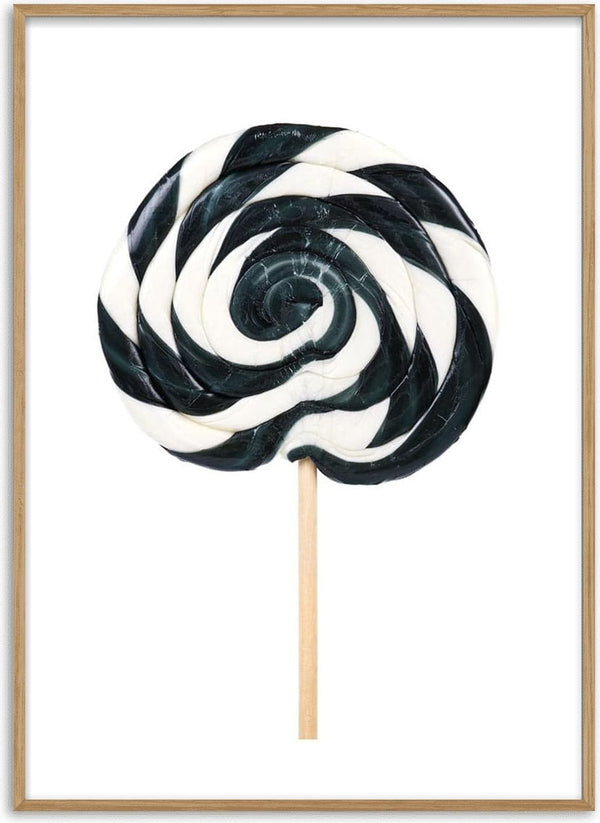 Poster featuring a black and white swirling lollipop on a stick against a plain white background.