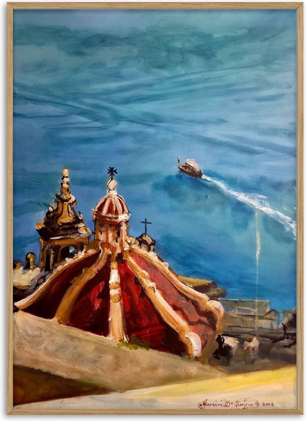 Ta' Liesse by Mariam De Giorgio — a deep red church dome and baroque bell tower seen from above against a turquoise harbour