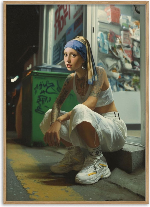 Tattoo Pearl by Dikhotomy — tattooed Girl with a Pearl Earring crouching on a night street