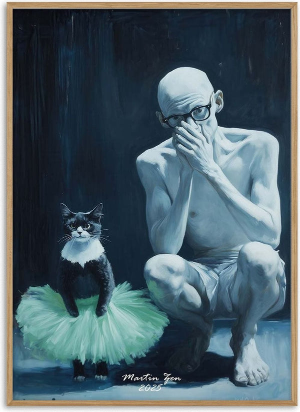 A bald man crouches beside a black-and-white cat wearing a green tutu; Teach The Cat by Martin Zen.