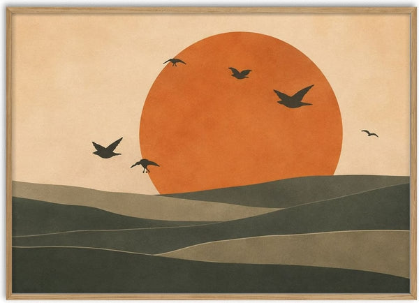 Terracotta Abstract Landscape – Minimalist Earthy Harmony by TimlessArtworks - orange sun and birds over layered earthy hills