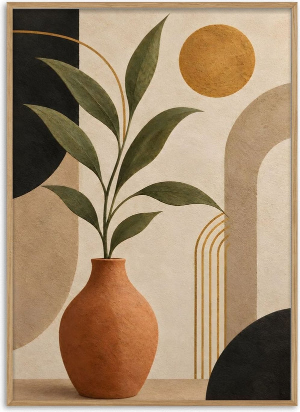 Terracotta Vase with Green Leaves by TimlessArtworks - a single clay vase under a gold disc on cream