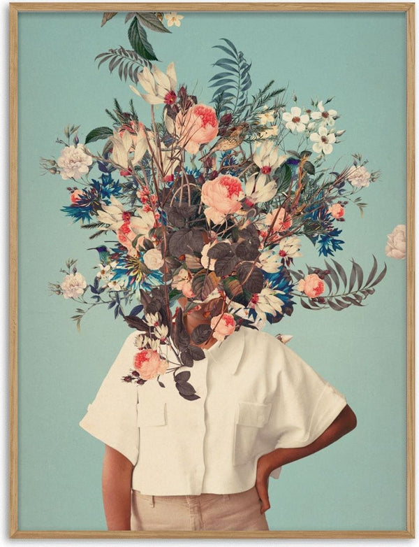 Surreal collage of a person with their head replaced by an explosion of colorful spring flowers and foliage.