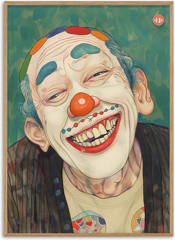 Portrait of a smiling clown with colorful face paint, bright red nose and polka dots by Tara Green.