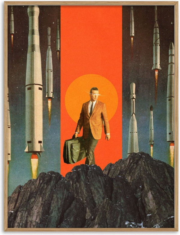 Surreal collage of a man with a suitcase on rocks, surrounded by rocket launches and an orange sun backdrop.