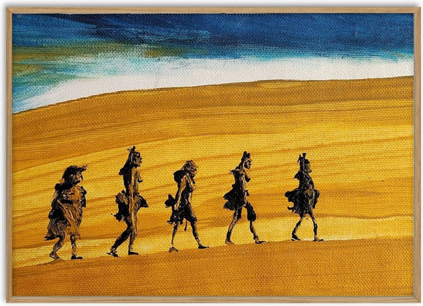 The Desert Walkers by GAHO - five dark figures crossing a golden dune under a deep blue sky