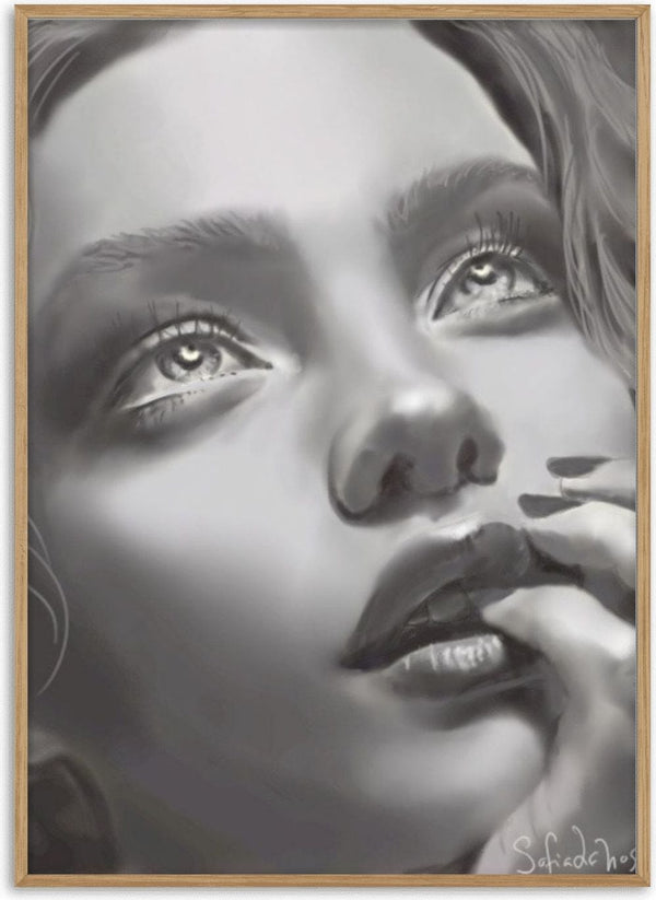 the dreamer by Sofia de Lemos - a young woman's face in soft greys with her fingers at her lips