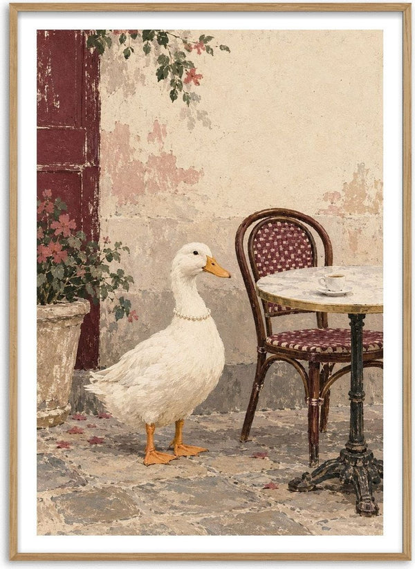 The Duck Wore Pearls by Matthews Gallerie - a pearl-wearing duck beside a café table with an espresso