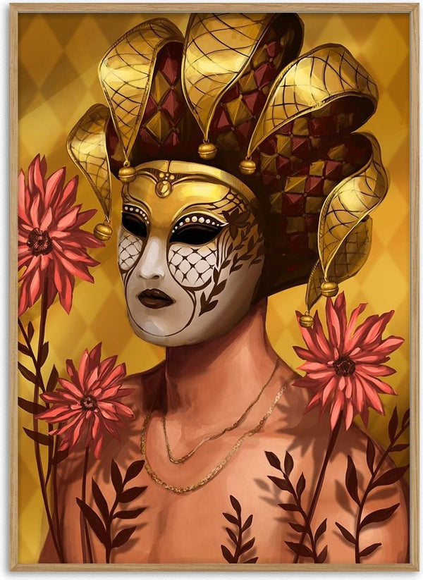 Artistic poster of a figure in an ornate jester mask with gold accents, surrounded by pink flowers.