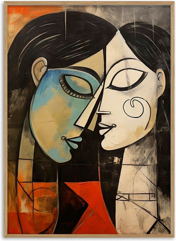 Abstract painting of two faces intimately close, inspired by cubism, from The Kiss No 04 by David Wolf.