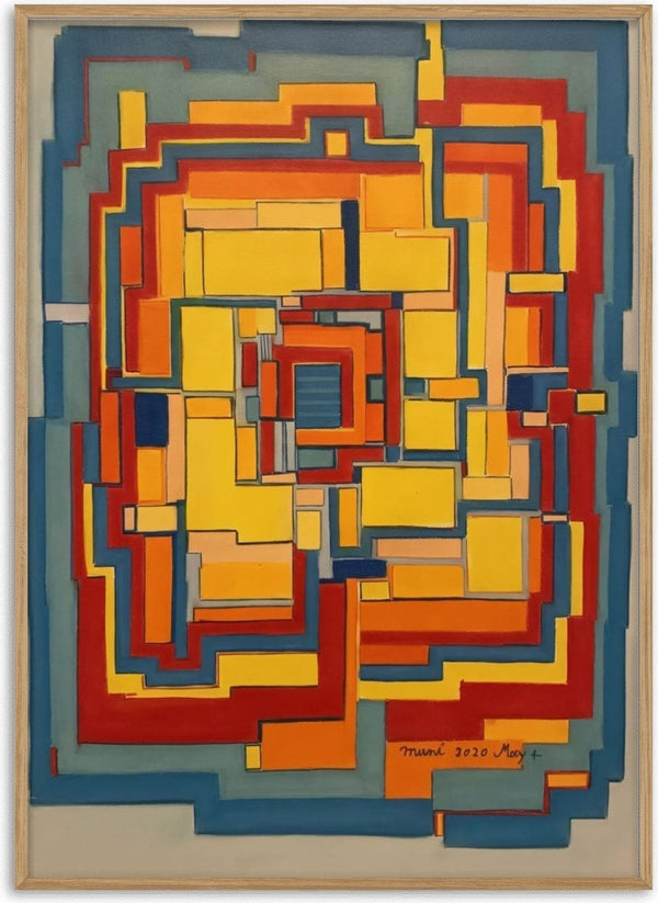 The Labyrinth by Gerard Ceulemans - geometric pastel maze of yellow, orange and red blocks framed by slate blue